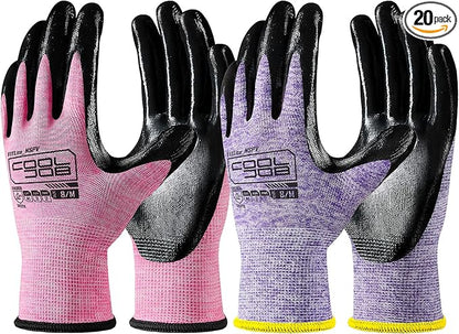 COOLJOB 20 Pairs Nitrile Dipped Rubber Coated Safety Work Gloves with Grip, Non-slip Bulk Gardening Roofing Gloves for Ladies Women, Oil-resistant Gear for Package Handler, Warehouse Worker, Large