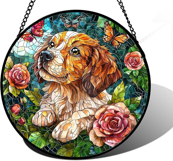 Stained Glass Window Hanging, Dog and Rose Suncatcher for Doors Home Butterfly Sun Catchers Decoration and Christmas, Mother's Day Birthday Gifts for Women, Men, and Mom 11.8x11.8 in