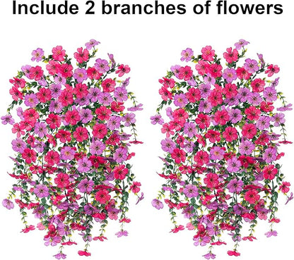 Artificial Faux Hanging Flowers Plants for Outdoor Decor, 2 PCS Outside Fake Silk Violets with Eucalyptus UV Resistant Realistic Daisy Trailing Vines for Planter Balcony Porch Patio Yard, Purplepink