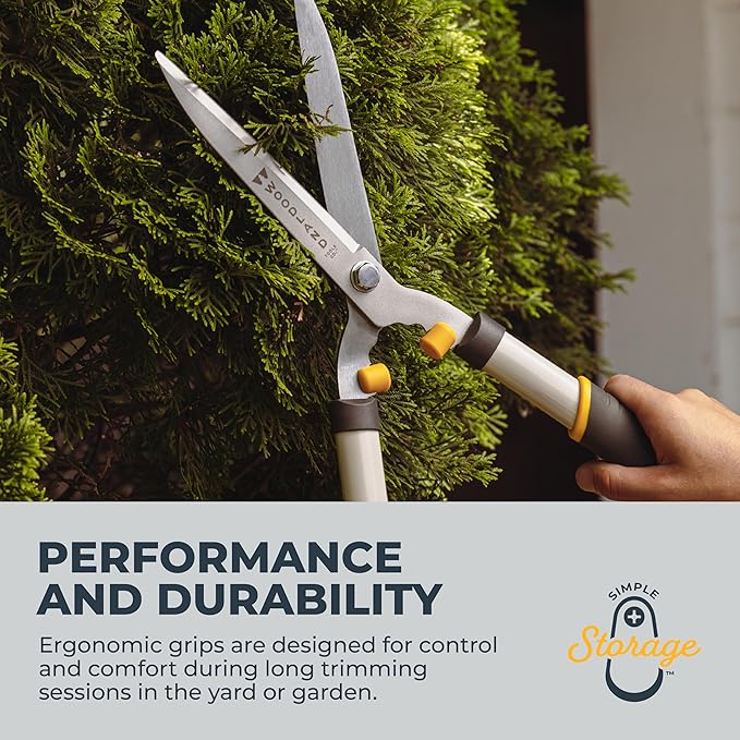 Woodland Tools 22" Regular Duty Hedge Shears - High Carbon Steel Blades, Non-Stick Coating, Cushioned Grips, Shock-Absorbing Bumpers, Manual Hedge Clippers for Shrubs and Bushes
