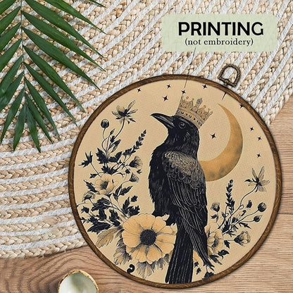 cvjutf Whimsical Gothic Black Raven Wall Art Decor Framed, Witchy Whimsigoth Dark Academia Crowned Crow Round Wall Decor, Vintage Fantasy Unique Canvas Prints Art for Home Bedroom Living Room, 10x10