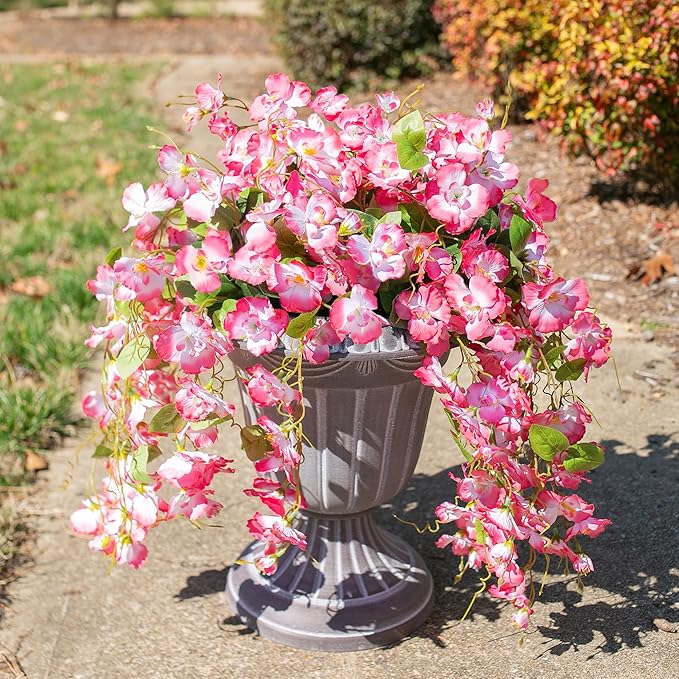 Fake Hibiscus Artificial Hanging Flowers Plants for Outdoors Spring Decoration, 4pcs Silk Hibiscus Vines Realistic UV Resistant Pink Faux Flowers for Outside Planter Porch Patio Yard Wedding Party Urn