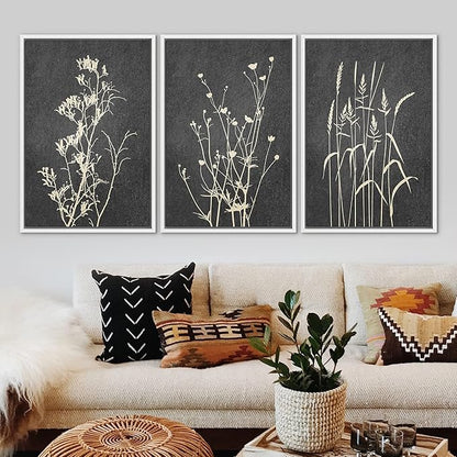 Ashbrook Framed Canvas Print Wall Art Set Black Tan Forest Plant Silhouettes Nature Wilderness Illustrations Modern Art Rustic Chic Colorful for Living Room, Bedroom, Office - 24"x36"x3 White