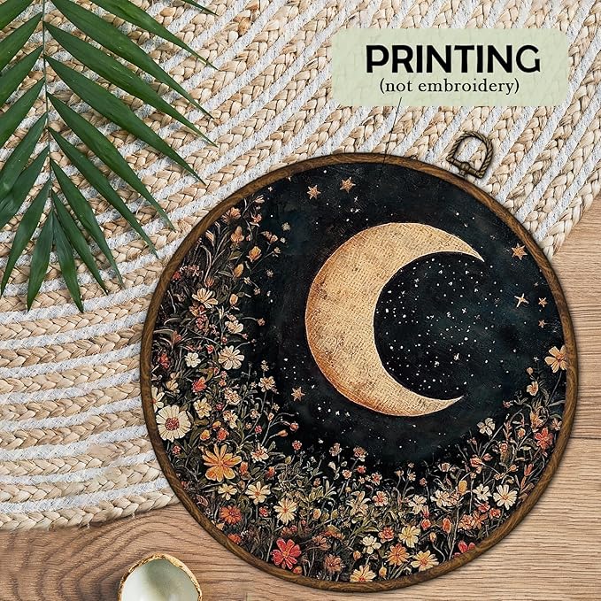 cvjutf Vintage Moon Floral Wall Art Decor Framed, Gothic Botanical Round Wall Decor, Dark Cottagecore Decor, Moody Moon Canvas Prints Art for Bedroom Bathroom Living Room, 10x10 In
