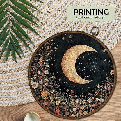 cvjutf Vintage Moon Floral Wall Art Decor Framed, Gothic Botanical Round Wall Decor, Dark Cottagecore Decor, Moody Moon Canvas Prints Art for Bedroom Bathroom Living Room, 10x10 In