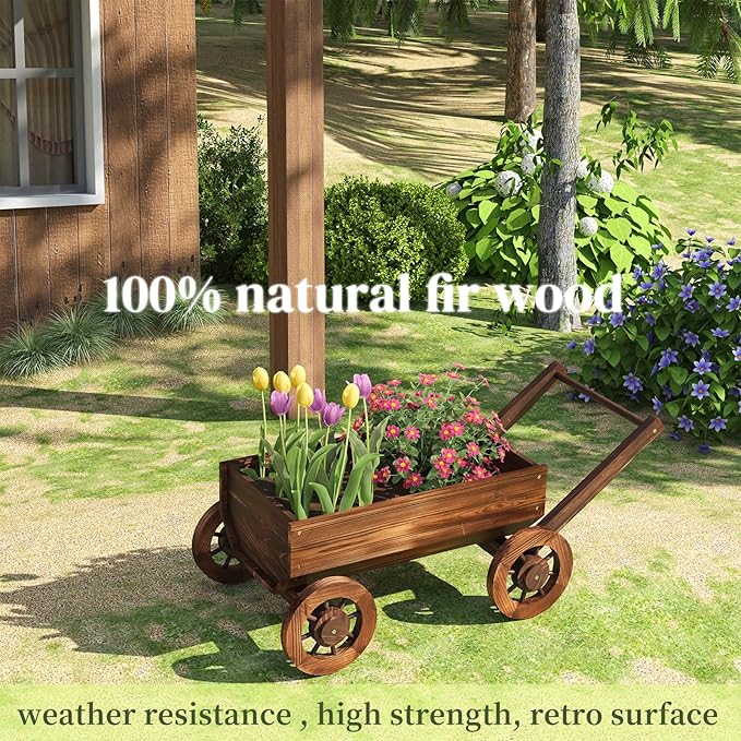 PULIJIA Wooden Wagon Planter Outdoor Garden Planter, Trolley Decoration Succulent Flower cart, Indoor Outdoor Backyard Balcon Decor cart with Wheels, Planter for Patio. (HC-L)