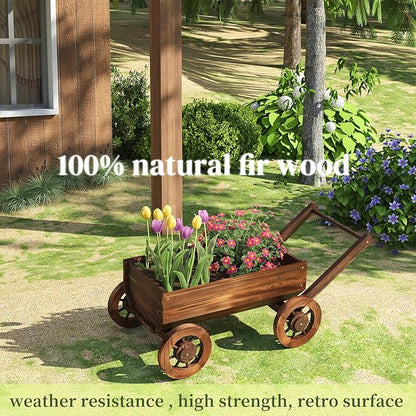 PULIJIA Wooden Wagon Planter Outdoor Garden Planter, Trolley Decoration Succulent Flower cart, Indoor Outdoor Backyard Balcon Decor cart with Wheels, Planter for Patio. (HC-L)