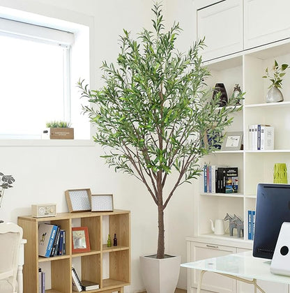 Artificial Olive Tree 8FT with 2253 Leaves Realistic Tall Large Faux Silk Deluxe Plant 96 Inch Black Pot for Indoor Home Office Porch Mall School Hotel Modern Decor Housewarming Gift