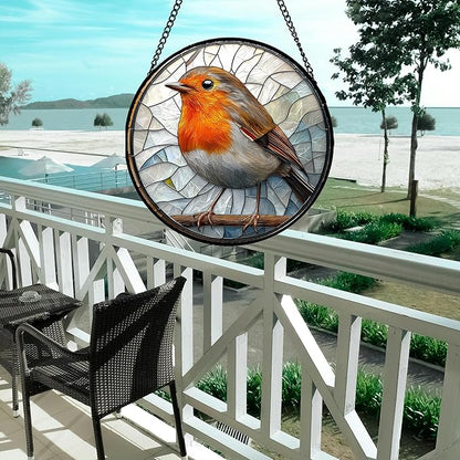 Stained Glass Window Hanging - Orange Grey Robin Sun Catcher for Door Garden Home Decor Bird Lovers Suncatcher Christmas Mother's Day Birthday Gifts for Women Men Mom Nana 15 in