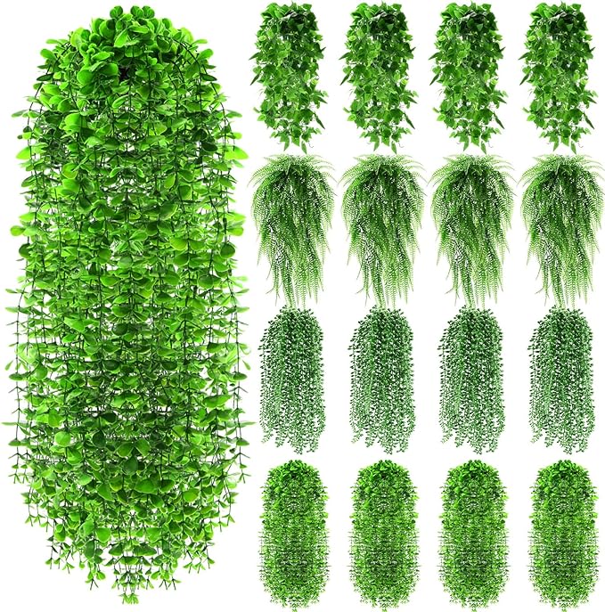 16 Pcs Artificial Hanging Plants Fake Hanging Ferns Plastic Faux Plants for Wall Room Garden Garland Indoor Outdoor Decor No Basket (Boston,Eucalyptus,Ivy Vine,String of Pearls)