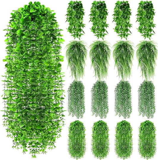 16 Pcs Artificial Hanging Plants Fake Hanging Ferns Plastic Faux Plants for Wall Room Garden Garland Indoor Outdoor Decor No Basket (Boston,Eucalyptus,Ivy Vine,String of Pearls)
