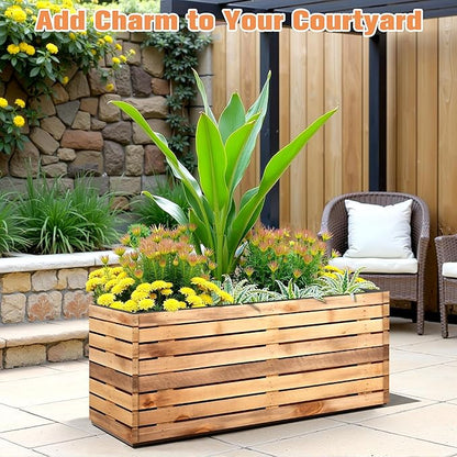 FENCY Metal Planter Box, Large Rectangular Planters for Outdoor Plants, Outdoor Tall Planters with Drainage Holes, Walnut Finish Metal Planters (38" L x 15" W x 16.3" H)