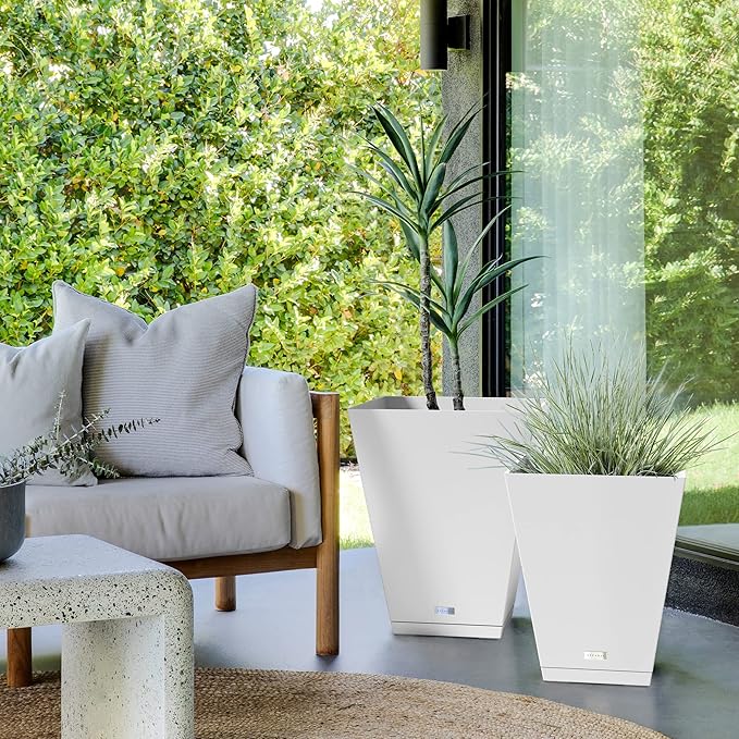 Veradek Nobleton Indoor/Outdoor Wide Square Planter (White, 18 inch - 2 Pack with 2 Saucer Trays)