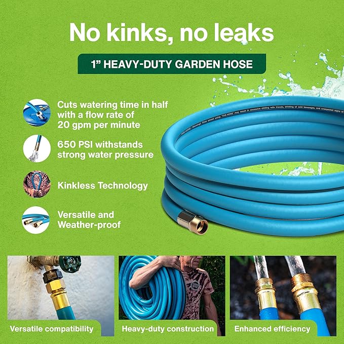 Aeromixer THE HOSE - 1 Inch Garden Hose 25 Ft, Kinkless Commercial Garden Hoses, Heavy Duty Industrial Water Hoses for Outdoors, 650 PSI High-Pressure Watering Tool for Farming and Gardening
