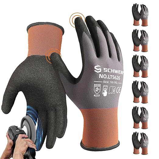 Schwer 6 Pairs Safety Work Gloves Sandy Nitrile Coated LT5626, Max Abrasion Resistant Heavy Duty Working Gloves with Grip for Men Women, Touch-Screen, for General Use, Mechanic, Construction, XL
