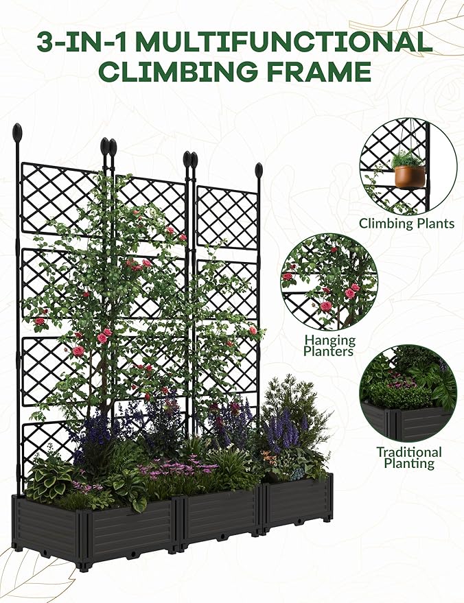 3 PCS Raised Garden Bed with Trellis, 50 in W x 63"Tall Plastic Planter Box for Climbing Plants, Outdoor Vertical Garden with Privacy Screen for Patio, Balcony, Backyard – Sturdy & Lightweight