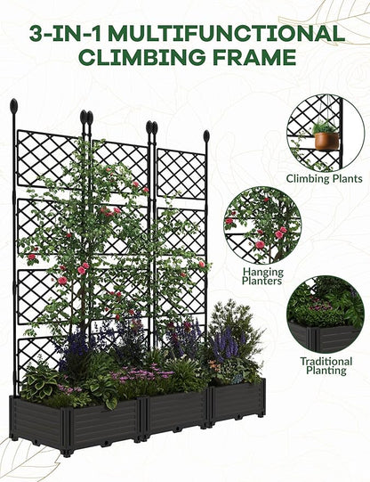 3 PCS Raised Garden Bed with Trellis, 50 in W x 63"Tall Plastic Planter Box for Climbing Plants, Outdoor Vertical Garden with Privacy Screen for Patio, Balcony, Backyard – Sturdy & Lightweight