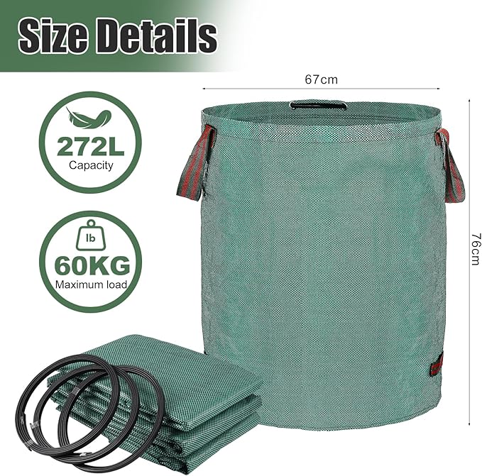 abcGoodefg Reuseable Yard Waste Bags, 72 Gallon Collapsible Lawn and Leaf Bags 3 Pack, Yard Bags Heavy Duty Extra Large wih Gardening Gloves, Garden Weed Trash Bags for Leaves Debris