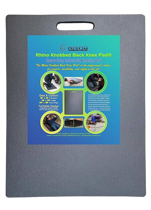 Rhino Knee Pad, Knobbed Back Heavy-Duty Industrial Kneeling Pad, Non-Slip, Waterproof, Oil-Resistant Comfort Mat for Wet and Slippery Work, Stadium Seat, Bleacher Seat (Black, 18" X 24" X 1")