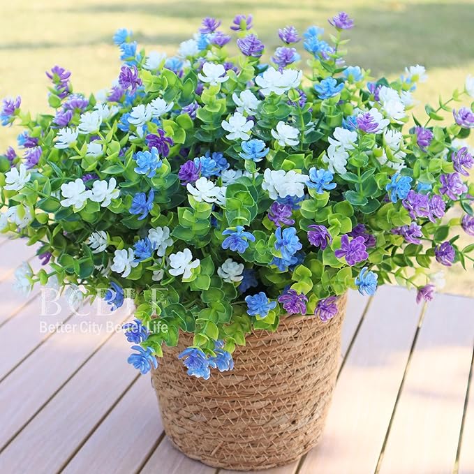 Artificial Flowers for Outdoors, 12 Bundles UV Resistant Realistic Faux Plants for Outside Porch Planter, Spring Summer Home Garden Decoration, Blue