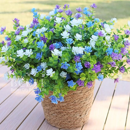 Artificial Flowers for Outdoors, 12 Bundles UV Resistant Realistic Faux Plants for Outside Porch Planter, Spring Summer Home Garden Decoration, Blue