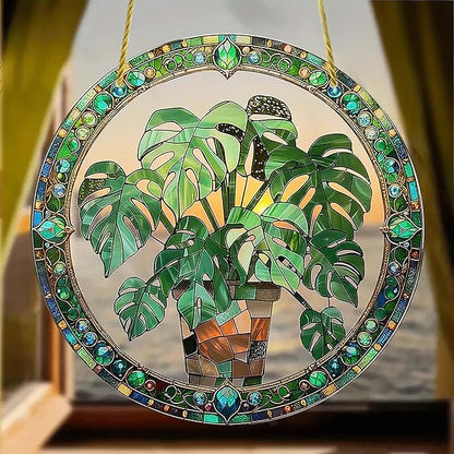 2 Pcs Stained Monstera Plant Window Hanging Ornament, Plant Suncatcher, 8 Inch Acrylic Suncatcher, Window Hanging Indoor Wall Art Christmas Home Decor Suncatchers Ornaments Gifts