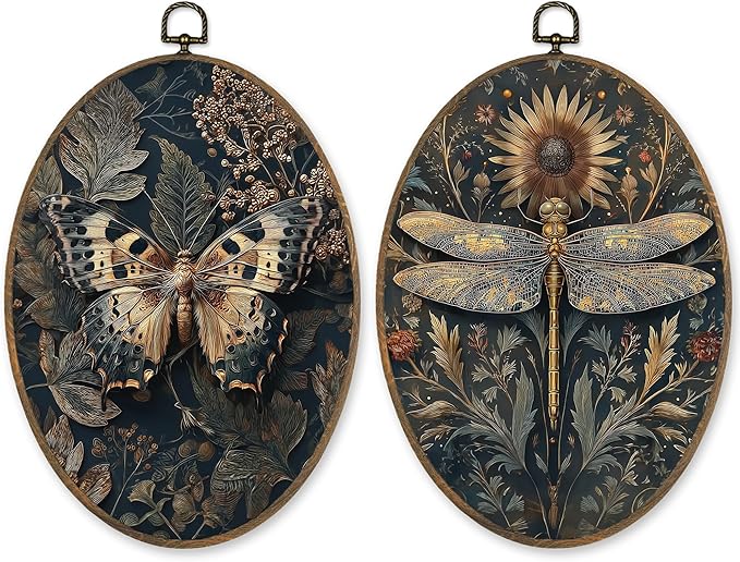 LKETW Vintage Moody Butterfly Dragonfly Oval Wall Art Decor, Dark Cottagecore Oval Canvas Hanging Decor, Rustic Wildflower Insect Wall Decorations for Home Living Room Bedroom, 8.6x11.4 Inch Set of 2