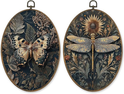 LKETW Vintage Moody Butterfly Dragonfly Oval Wall Art Decor, Dark Cottagecore Oval Canvas Hanging Decor, Rustic Wildflower Insect Wall Decorations for Home Living Room Bedroom, 8.6x11.4 Inch Set of 2