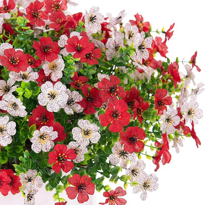 Artificial Fake Plants Flowers for Outdoor Spring Summer Decor, 12 Bundles Faux Silk Daisy for Planter Pot Colorful UV Resistant Look Real for Front Door Porch Patio Outside Yard(Red White)