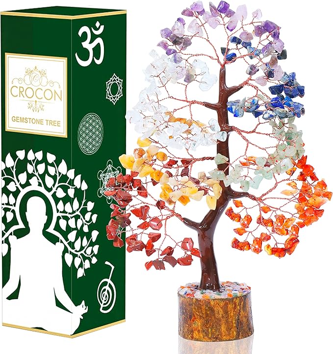 Crocon Chakra Tree of Life Gemstone for Positive Energy Seven Chakra Crystal Tree Healing Stones Feng Shui Money Bonsai Attract Good Luck Home Decoration Ornament Spiritual Gift