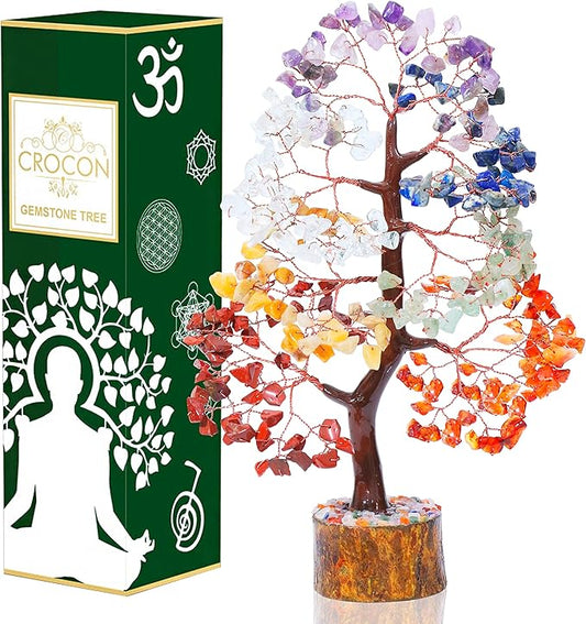 Crocon Chakra Tree of Life Gemstone for Positive Energy Seven Chakra Crystal Tree Healing Stones Feng Shui Money Bonsai Attract Good Luck Home Decoration Ornament Spiritual Gift