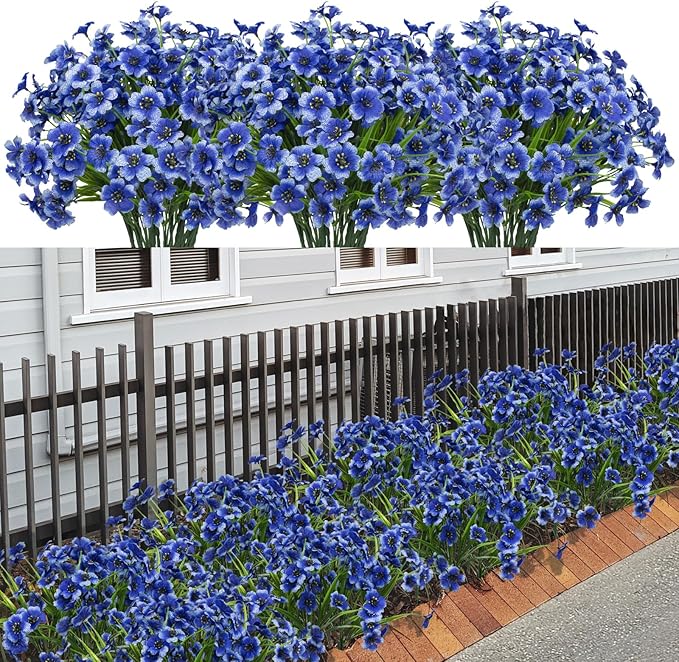 21 Bundles Artificial Outdoor UV Resistant Flowers No Fade Fake Outside Flowers Plastic Greenery Faux Shrubs Garden Porch Window Box Home Decoration(Blue)