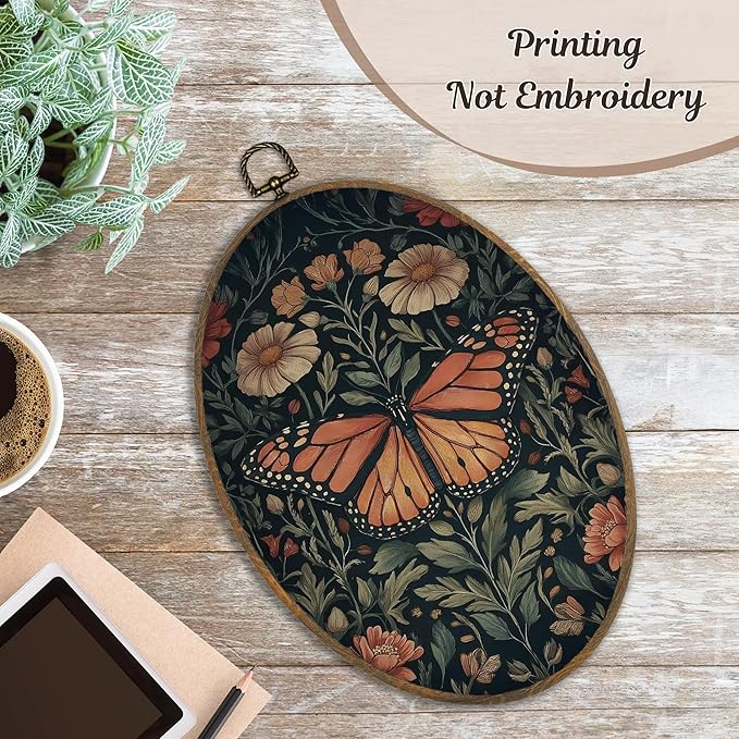 LKETW Vintage Butterfly Oval Wall Art Decor, William Morris Butterfly Floral Oval Canvas Hanging Decor, Retro Cottagecore Botanical Wall Decorations for Home Bedroom Living Room Office, 8.6x11.4 Inch