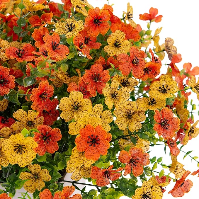 Artificial Fake Plants Flowers for Outdoor Spring Summer Decor,12 Bundles Faux Silk Daisy for Planter Pot Colorful UV Resistant Look Real for Front Door Porch Patio Outside Yard(Yellow Orange)