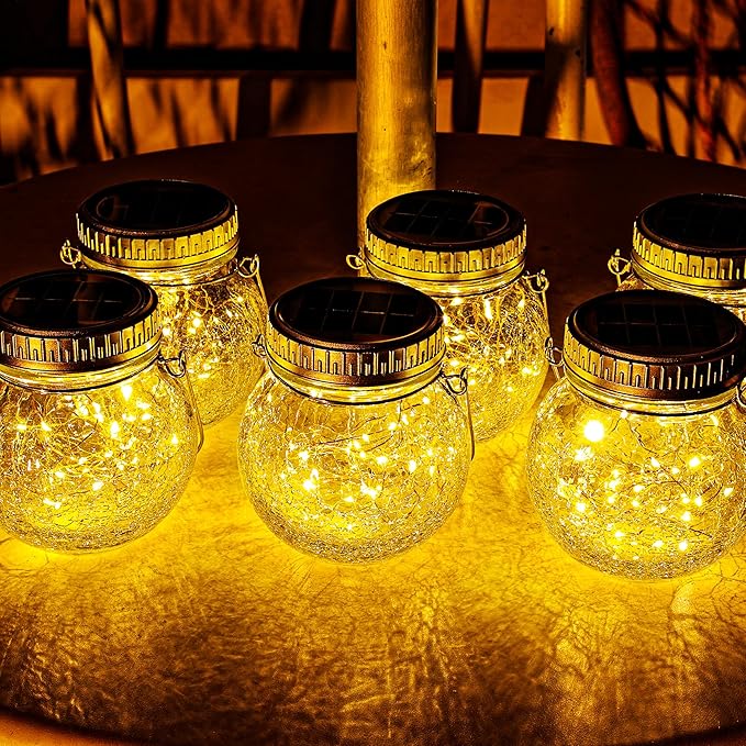 Cooo 2 Pack Crackle Glass Solar Lantern with 30 LED Firefly Lights– Waterproof Outdoor Hanging Lamp 215% Larger Solar Panel, Anti-Rust Lids Decorative Lighting for Garden Patio Christmas Decorations