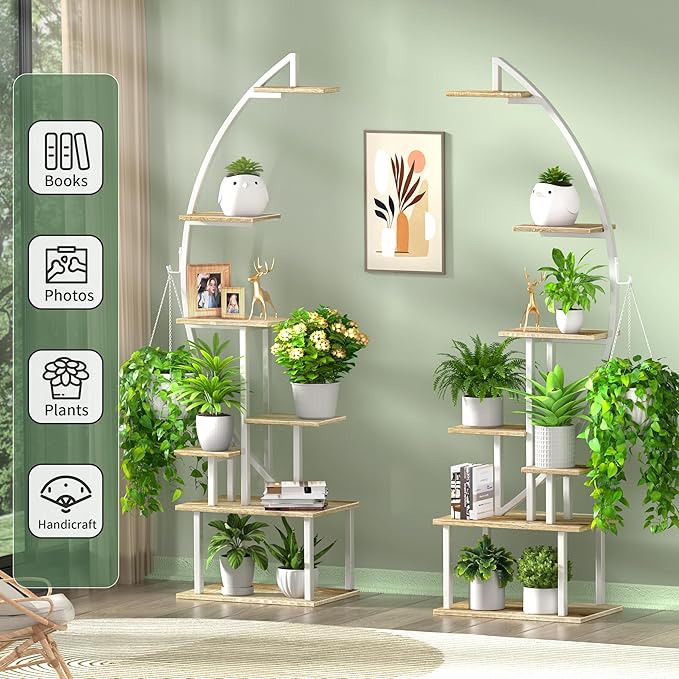 Plant Stand Indoor with Grow Lights, 7 Tiered Metal Plant Stand for Indoor Plants Multiple, Large Plant Shelf Display Rack, Half-Moon-Shaped Tall Plant Holder for Living Room, Patio (White)