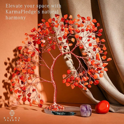 Carnelian Healing Crystal Tree of Life for Home and Office Decor, Positive Energy, Wealth, Good Luck, Reiki Healing Crystals and Stones, Handmade Feng Shui Decoration, Birthday Gifts for Women, Mom