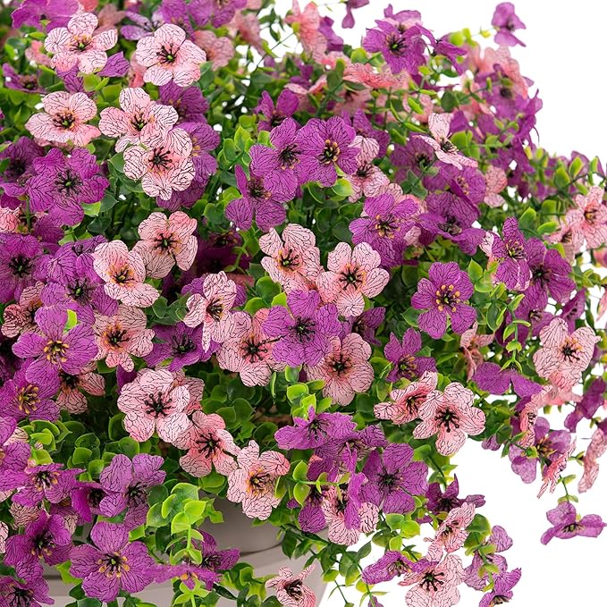 Artificial Fake Mums Flowers for Outdoor Fall Decor, 12 Bundles Faux Silk Daisy Plants for Planter Pot Colorful UV Resistant Look Real for Front Door Porch Patio Outside Yard(Purple Pink)