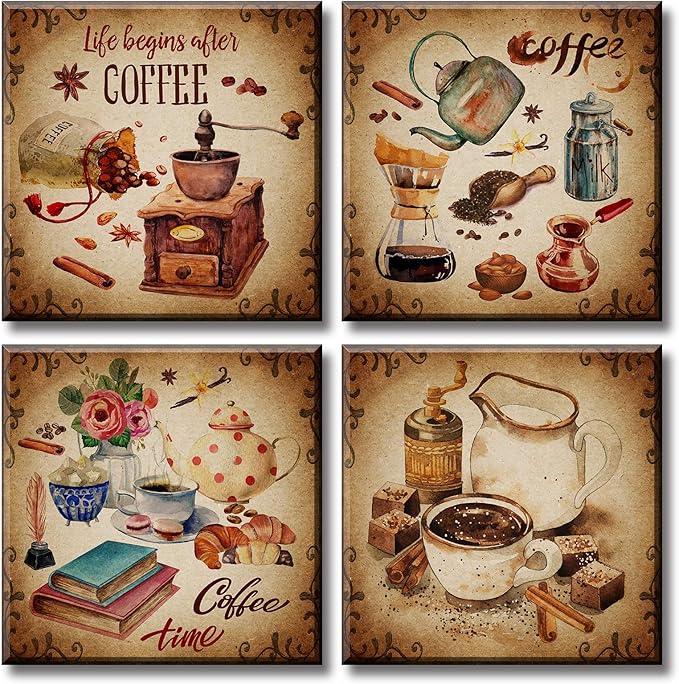 BLINFEIRU Kitchen Wall Art Coffee Decor Canvas Prints Vintage Brown Pictures for Coffee Bar Wall Decor 4 Panel Modern Artwork for Dining Room Cafe Restaurant Decorations Framed 12" Wx12 Hx4