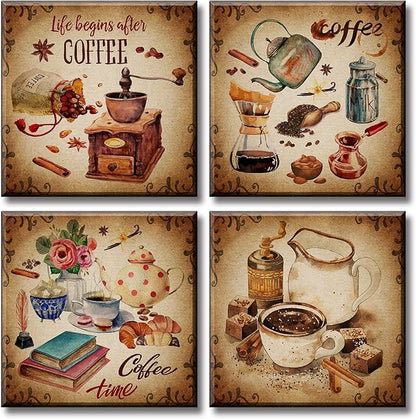 BLINFEIRU Kitchen Wall Art Coffee Decor Canvas Prints Vintage Brown Pictures for Coffee Bar Wall Decor 4 Panel Modern Artwork for Dining Room Cafe Restaurant Decorations Framed 12" Wx12 Hx4