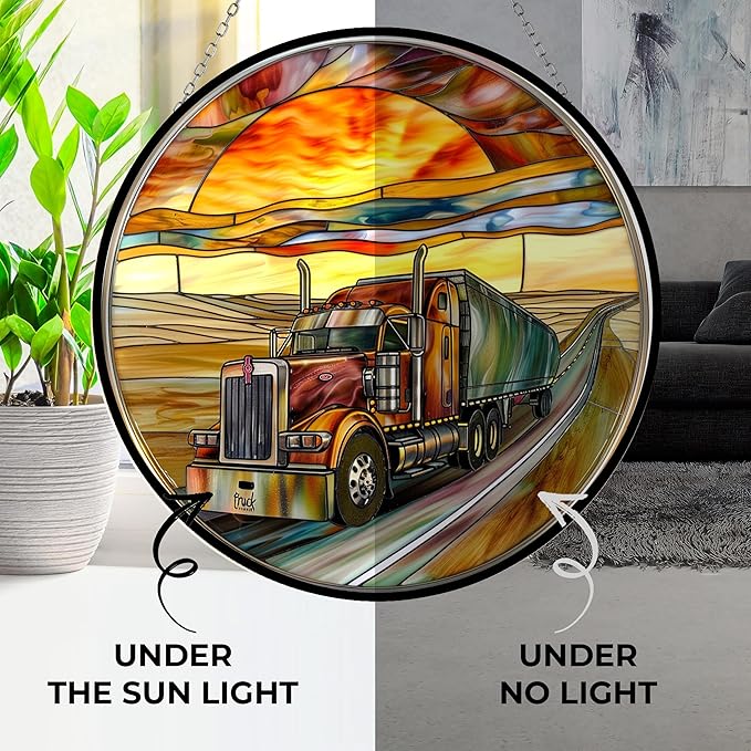 Customized Semi Truck Suncatchers for Windows,6.3” Stained Glass Window Hangings,Hand-Painted Glass Panel Perfect for Home Décor