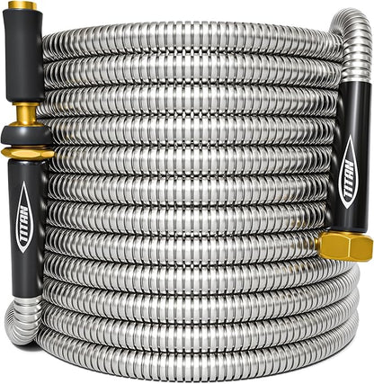 TITAN Garden Hose 25FT - 304 Stainless Steel Metal Water Hose, Flexible, Kink-Free, Lightweight, Durable, Crush Resistant Fittings, Easy to Coil, 500 PSI