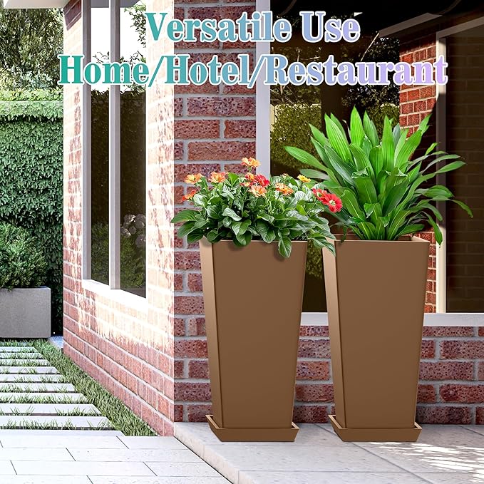 24 Inch Tall Tapered Square Planters (Set of 2) - Indoor Outdoor Large Flower Pots with Built-in Drainage & Matching Water Tray for Patio, Garden, Home - Brown