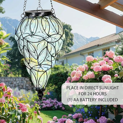 Solar Hanging Lantern Outdoor Garden Lights, Tear-Shaped Glass and Metal Hanging Lantern, 15 Firefly LED Lights, 7 x 24 Inch (Clear)