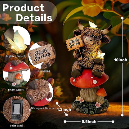 Highland Cow Garden Statue with Solar Butterfly Lights, Spring Outdoor Highland Cow on Mushroom Butterfly Decoration for Yard, Patio, Lawn, Cows Figurine Housewarming Gift for Women, Mom