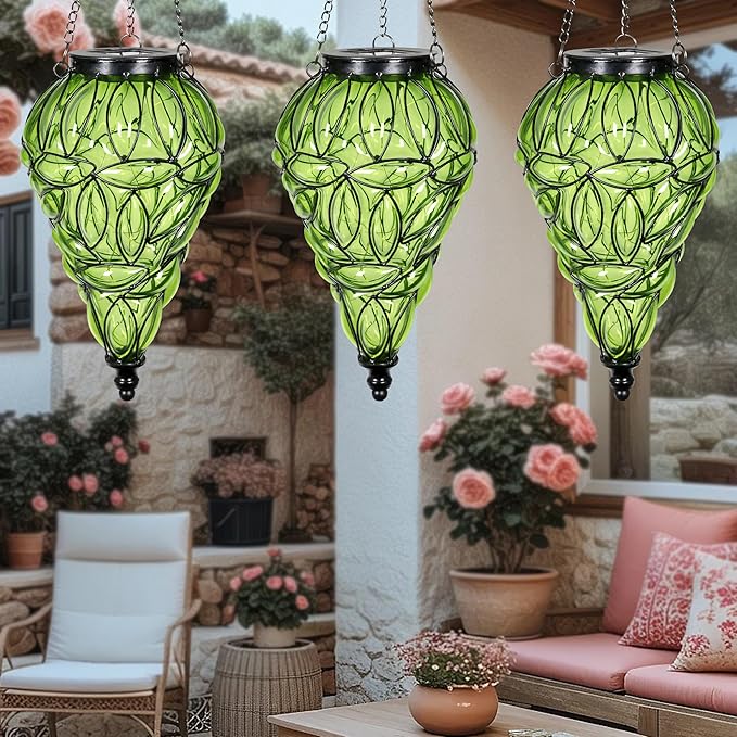 Solar Hanging Lantern Outdoor Garden Lights, Tear-Shaped Glass and Metal Hanging Lantern, 15 Firefly LED Lights, 7 x 24 Inch,(Green)