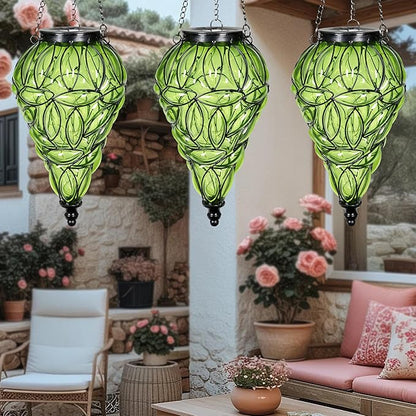 Solar Hanging Lantern Outdoor Garden Lights, Tear-Shaped Glass and Metal Hanging Lantern, 15 Firefly LED Lights, 7 x 24 Inch,(Green)