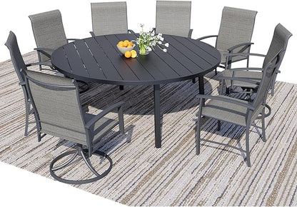 9 Piece Outdoor Dining Set, 60" Black Round Outdoor Dining Table with 4 Grey Swivel Outdoor Dining Chairs and 4 Fixed Patio Table and Chair Set of 8 for Lawn, Garden, or Porch