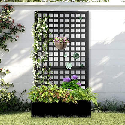 Metal Raised Garden Bed with Trellis, 2 in 1 Trellis with Planter Box & Privacy Screen for Climbing Plants, Vine, Outdoor Standing Flower Beds with Drainage Holes, 35.4" L x 16.7" W x 70.8" H, Black