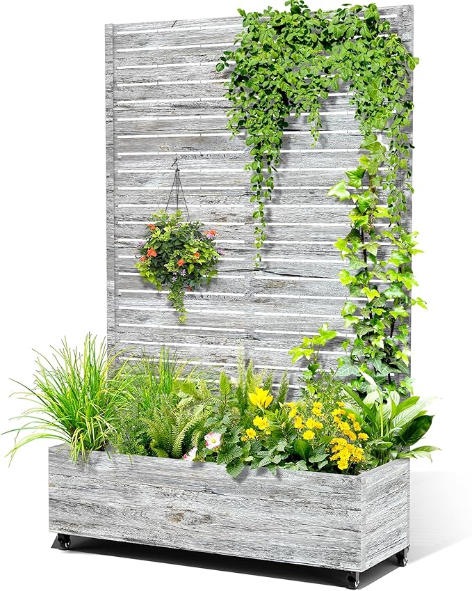 Metal Raised Garden Bed with Trellis, 2-in-1 Planter Box & Privacy Screen for Climbing Plants, Outdoor Standing Flower Bed with Drainage Holes, 47.2" L x 16.7" W x 70.8" H, White Oak Grain